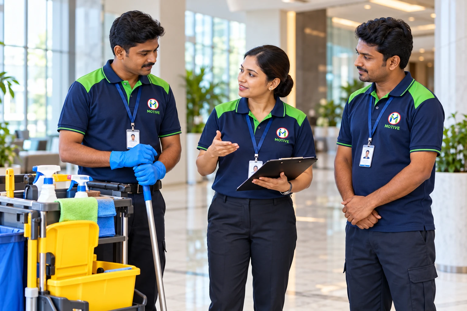Motive-branded facilities professionals in an illustrative workplace