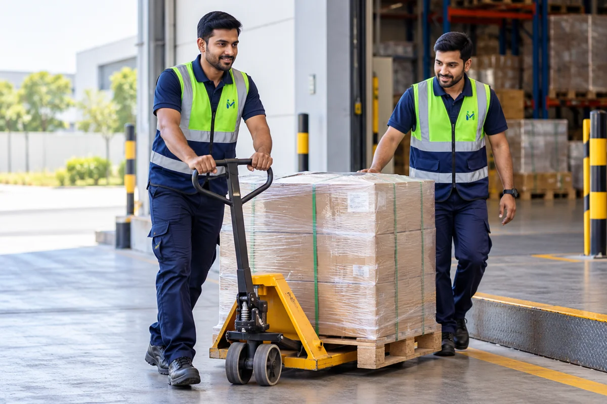 Material handling team using a pallet jack — brand illustration