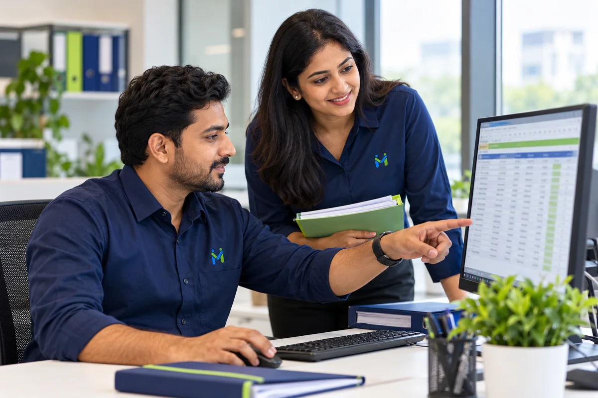 Payroll and HR professionals reviewing anonymous records — brand illustration