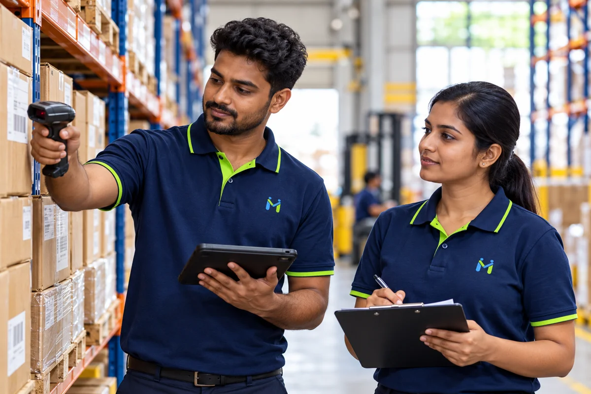 Warehouse associates scanning and checking inventory — brand illustration