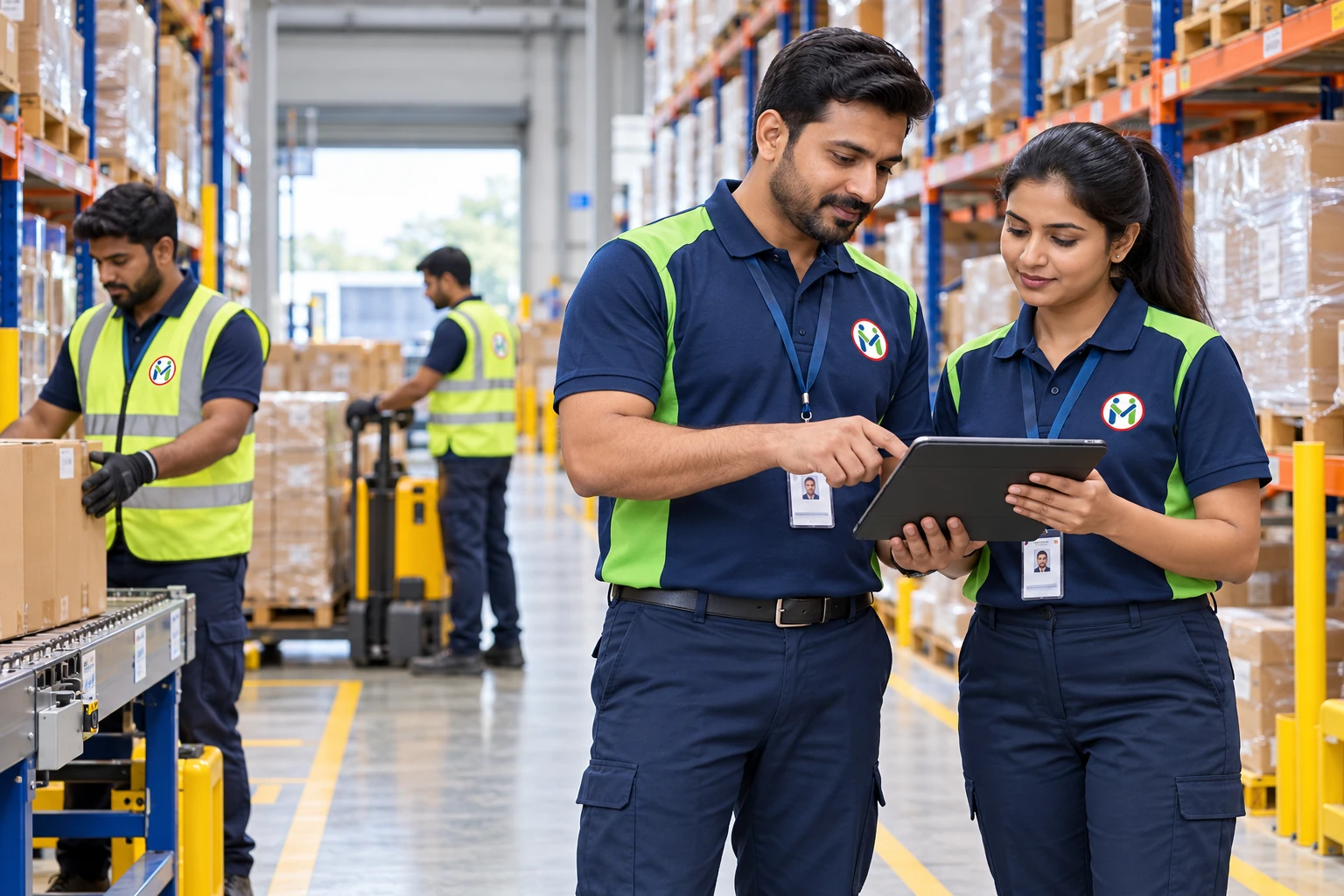Motive-branded workforce in an illustrative warehouse setting